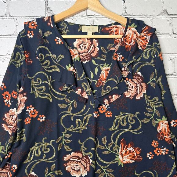 Loft Dark Ruffle Navy Blue Ruffle Accent Collar Sheer Blouse Size Medium - Picture 2 of 10